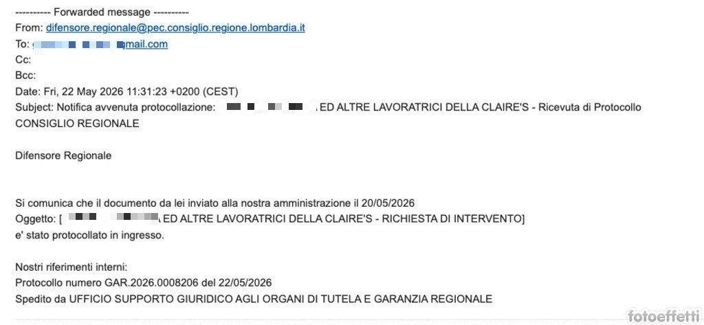 La stringatissima risposta ricevuta da una lavoratrice Claire’s dal Difensore Civico regionale della Lombardia, figura istituzionale il cui compito è fare da tramite e pacere tra i cittadini e la Pubblica Amministrazione