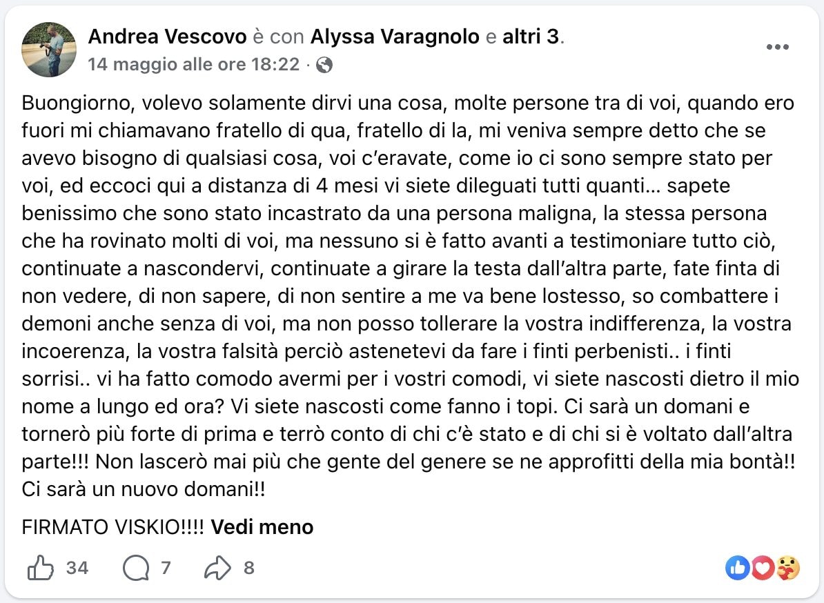 Il post di Vescovo dal carcere