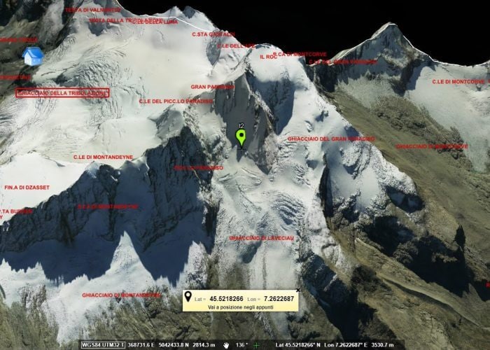 La zona dove è avvenuto l’incidente mortale sulle Alpi