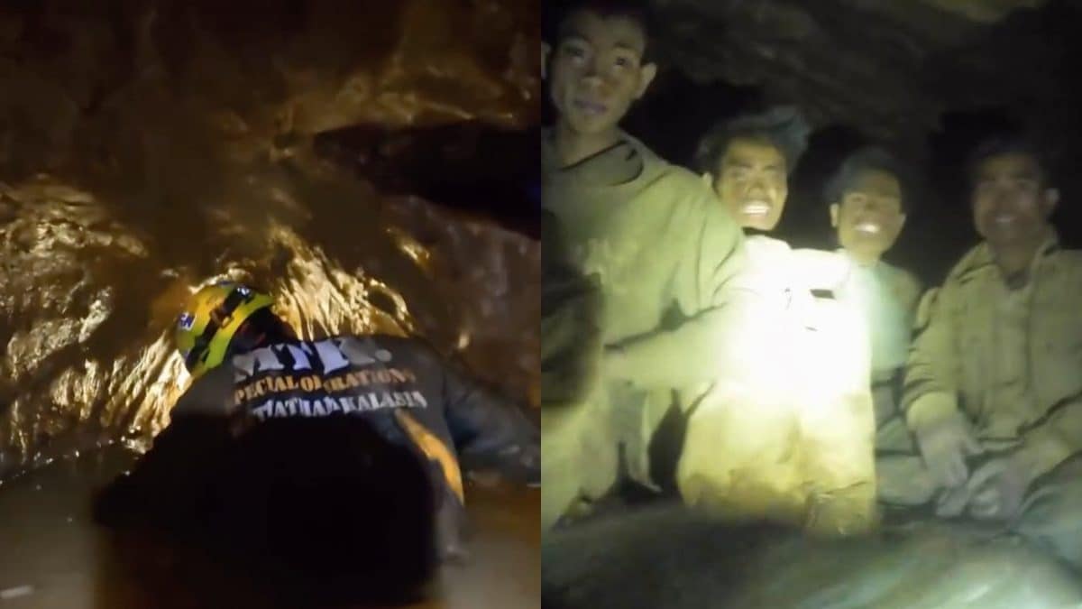 Da sinistra, soccorritori al lavoro; gli uomini bloccati nella grotta in Laos.