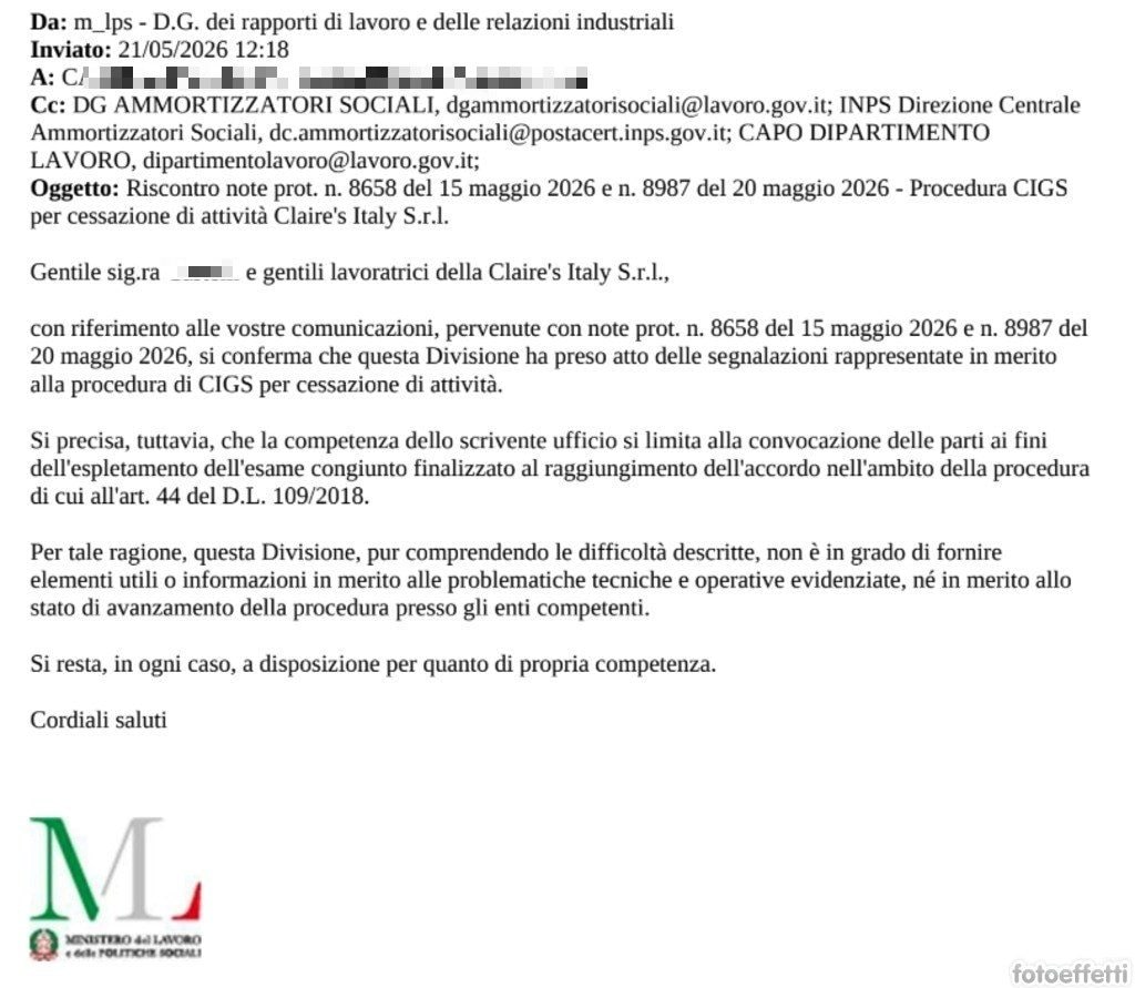 La mail del Ministero del Lavoro che certifica l’impasse per le 200 lavoratrici di Claire’s
