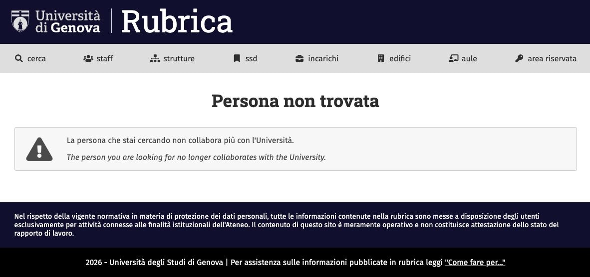 La pagina dell’Università di Genova a cui si viene reindirizzati quando si cerca il profilo della docente Monica Montefalcone