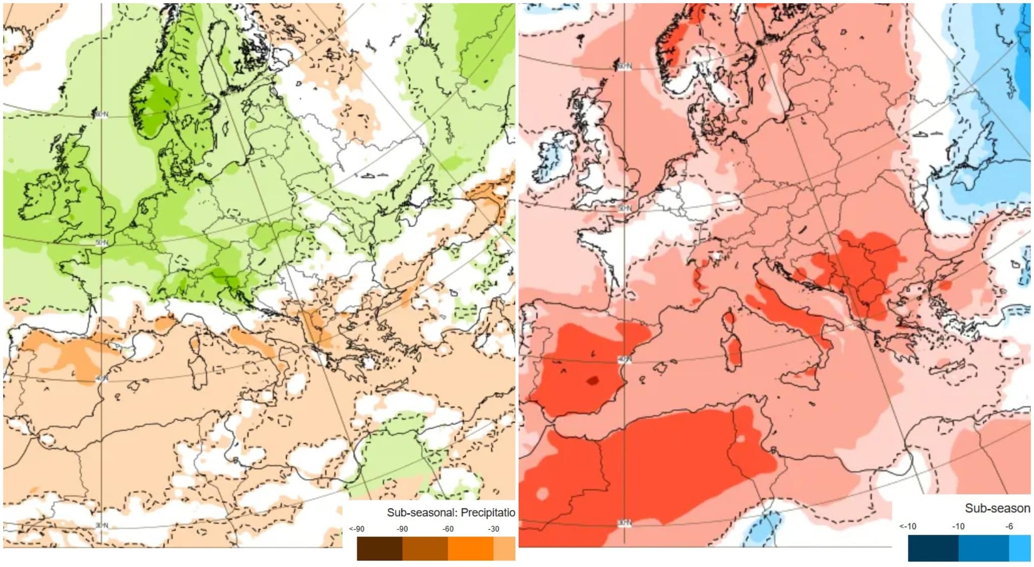 Anomalia piogge e temperature della prima settimana di giugno (ECMWF)