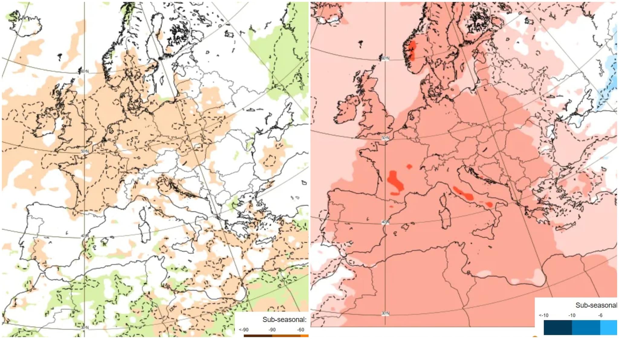 Anomalia piogge e temperature della quarta settimana di giugno (ECMWF)