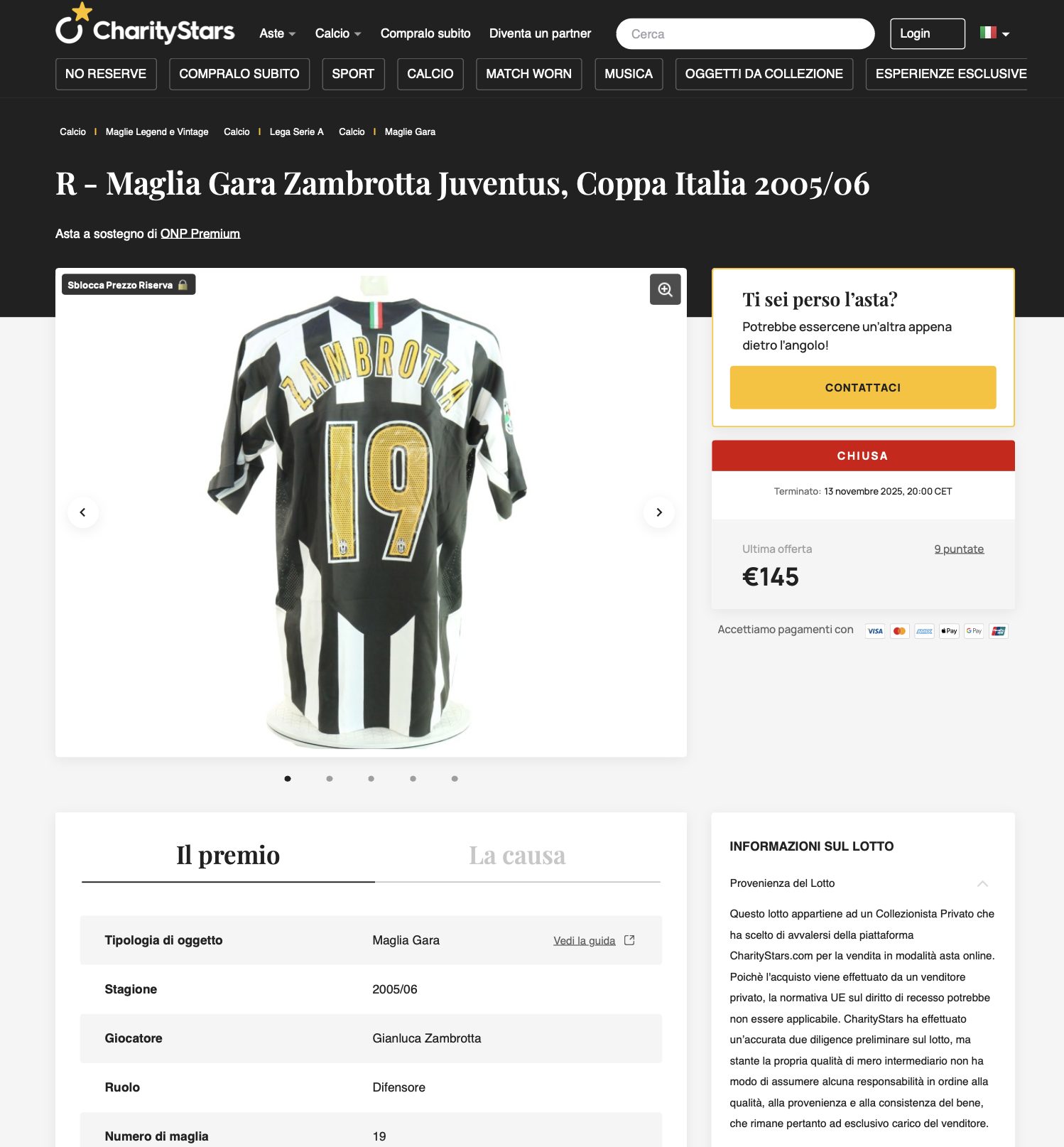 Screenshot dell’asta non aggiudicata con la maglia di Zambrotta relativa al 2025 all’interno della piattaforma CharityStars