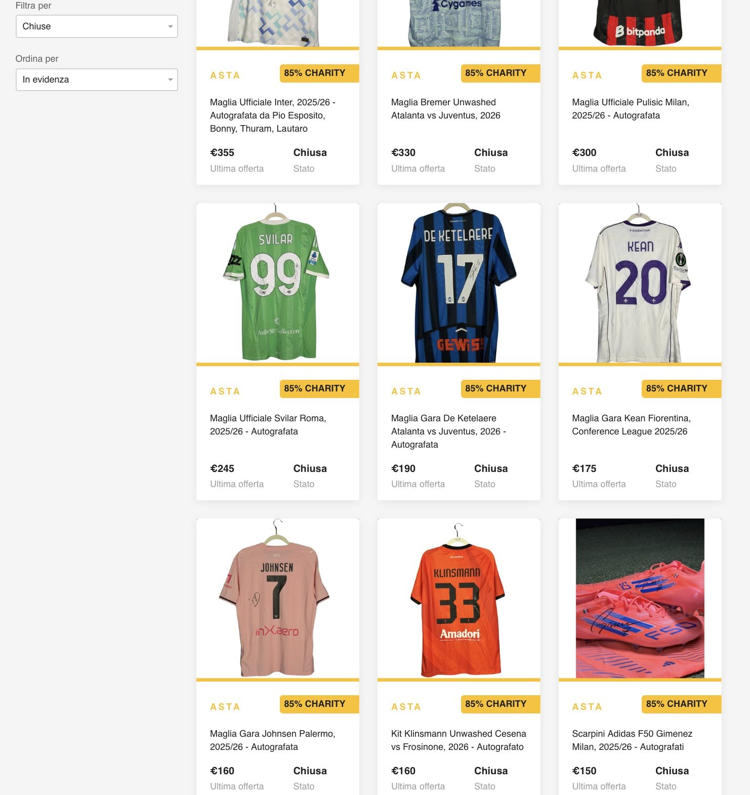 Screenshot delle aste chiuse caricate sulla pagina della campagna tramite la piattaforma CharityStars