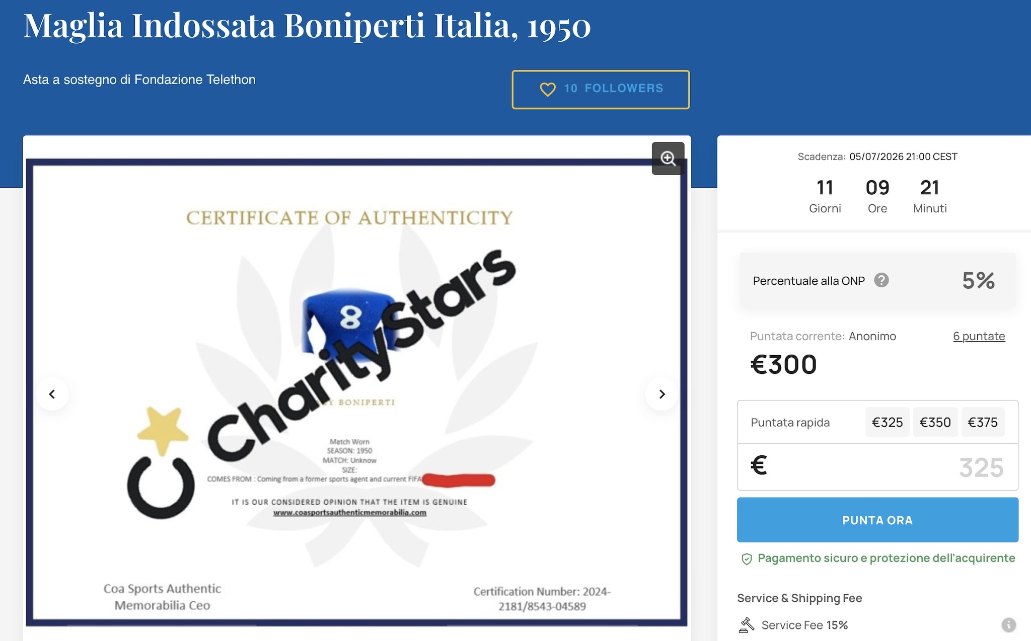 Certificato di autenticità riportato da CharityStars