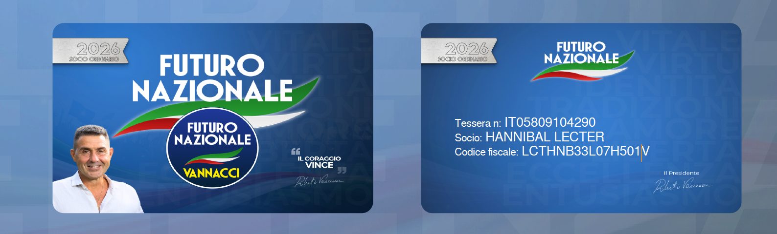 La tessera di Futuro Nazionale di Hannibal Lecter
