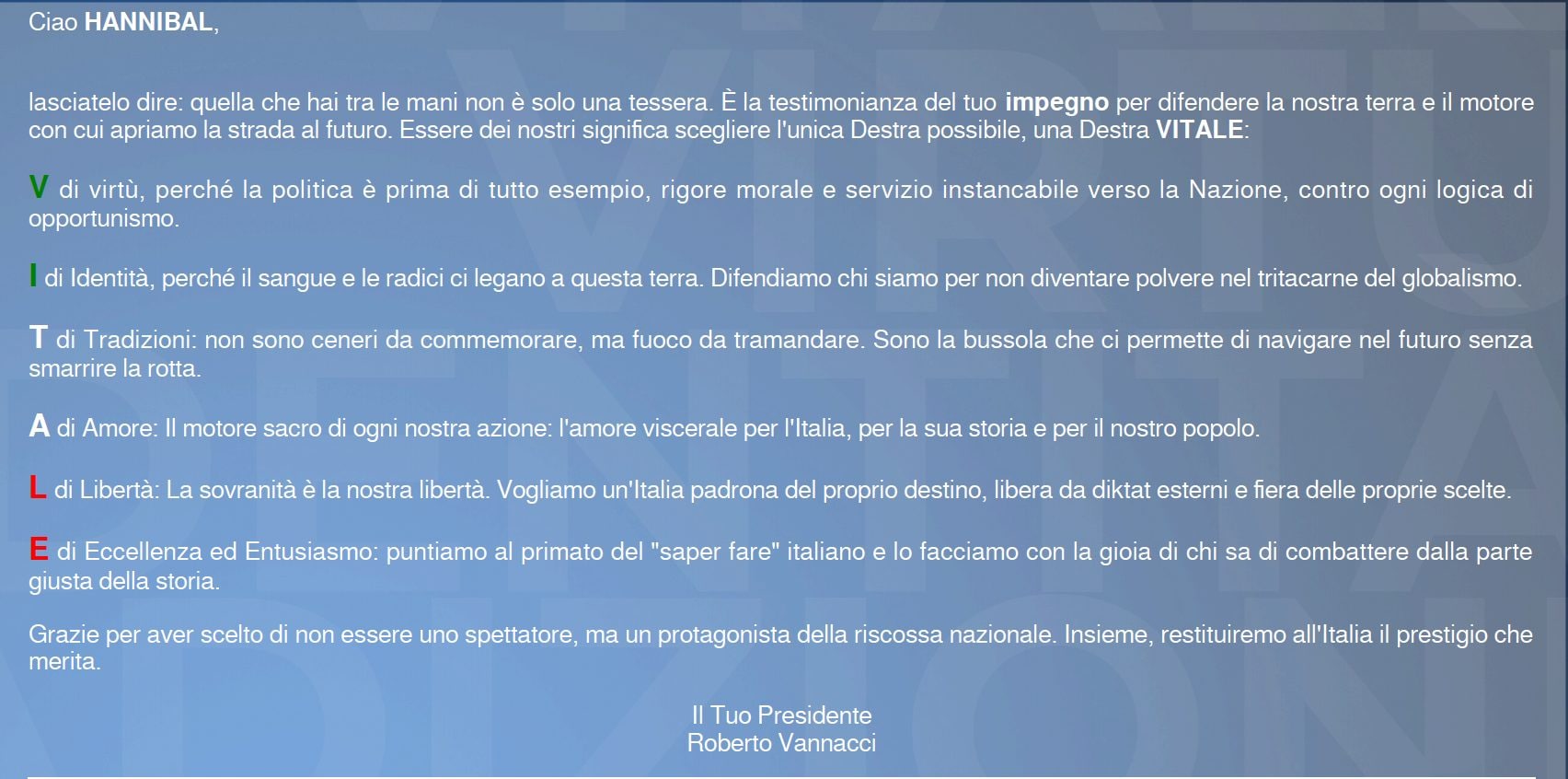 La lettera di benvenuto ai neoiscritti del presidente di FN Roberto Vannacci