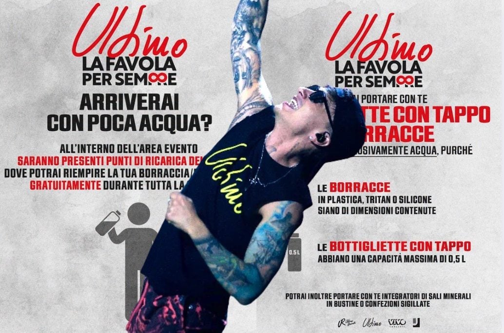 Ultimo sfida la regola dei concerti per i suoi fan: a Tor Vergata acqua gratis, borracce e cibo per tutti