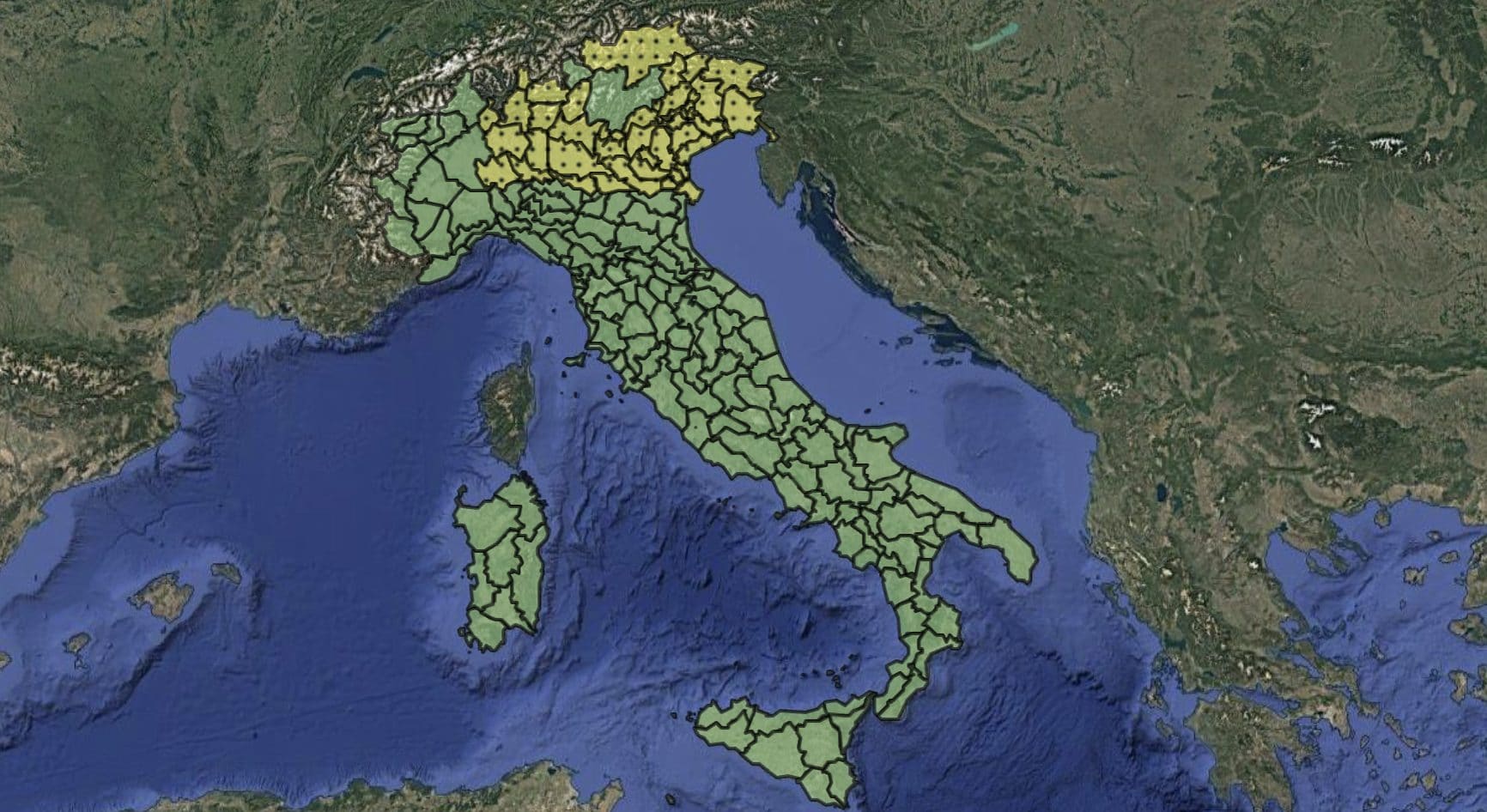 La mappa della Protezione Civile con le regioni coinvolte dall’allerta gialla di mercoledì 10 giugno 2026.