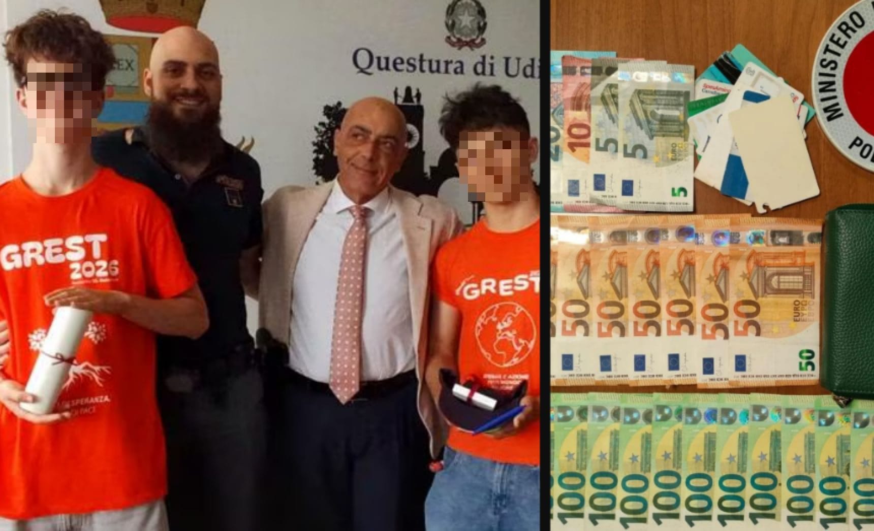 Due 16enni trovano un portafoglio pieno di soldi e lo consegnano in Questura a Udine: premiati dalla Polizia