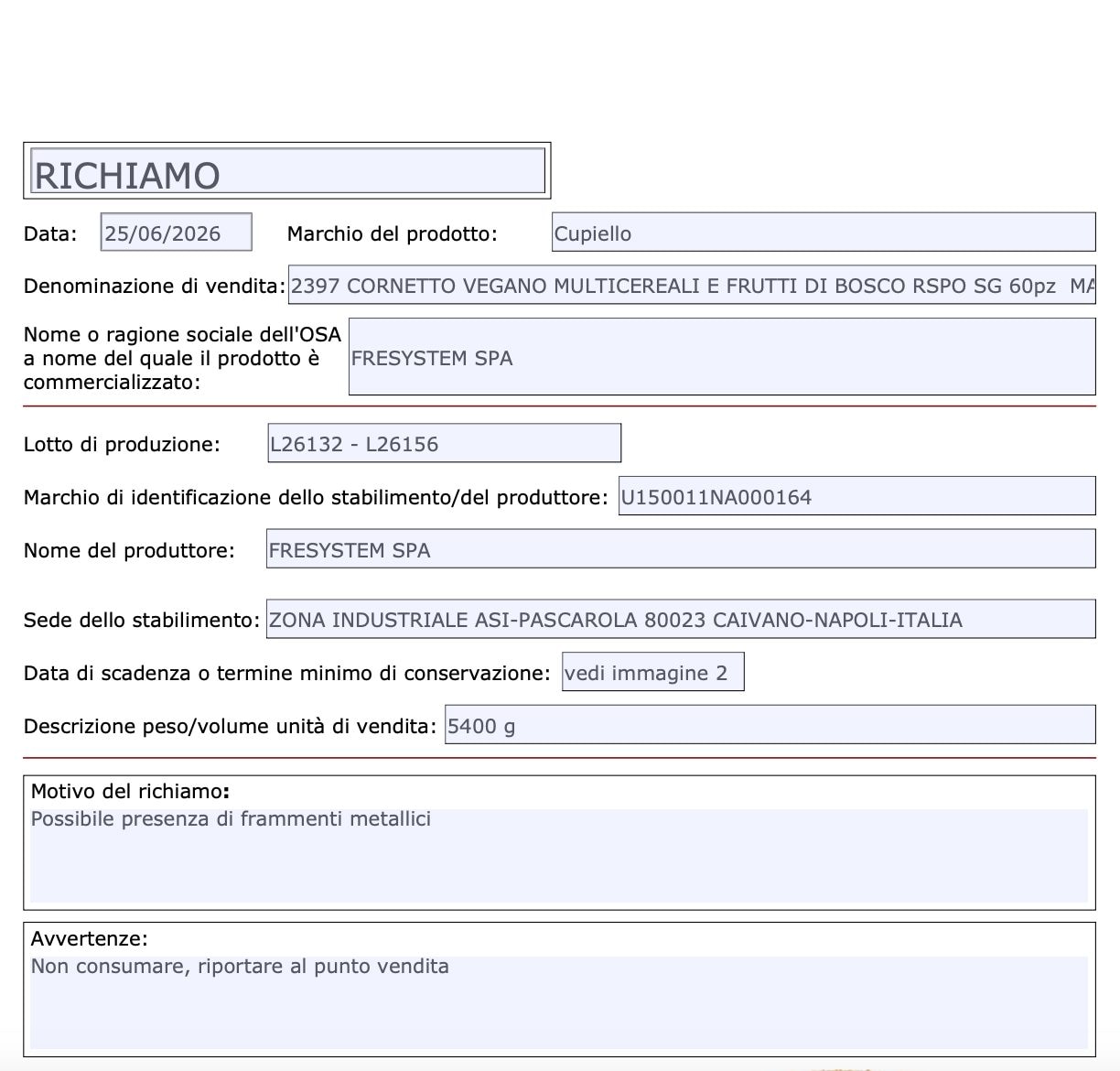 uno degli avvisi presenti sul sito del Ministero della Salute