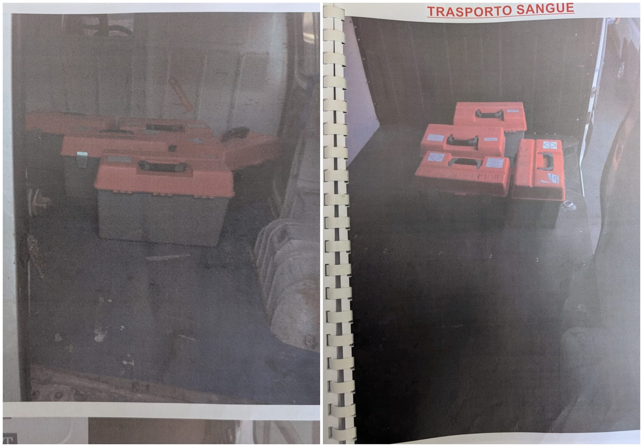 Le foto cartacee contenute in una segnalazione protocollata alla Ast di Fermo risalente al 2021. I contenitori rossi sono adibiti al trasporto di sangue. Sono evidenti le scarse condizioni igieniche del mezzo.