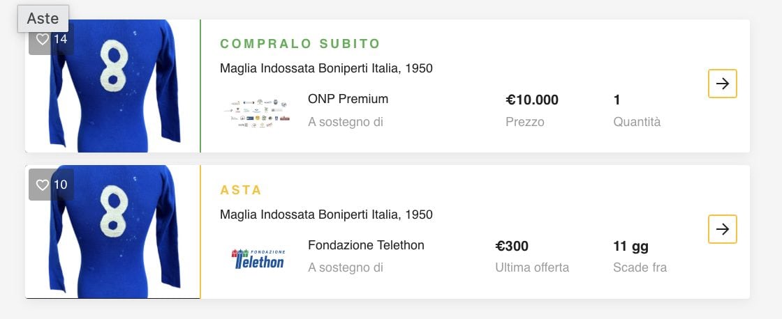 La maglia di Giampiero Boniperti venduta sia da Fondazione Telethon che da Onp Premium sulla piattaforma CS