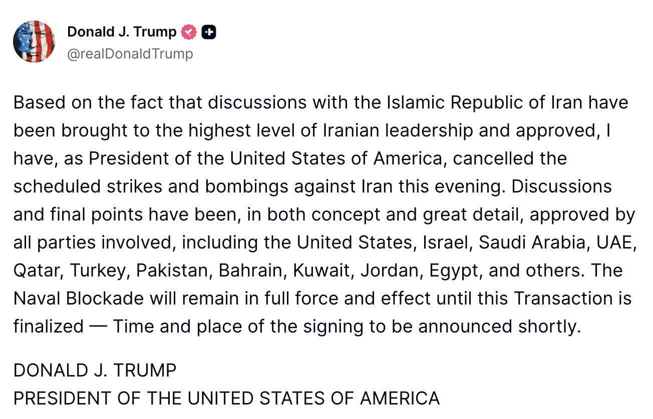 Il post di Donald Trump su Truth
