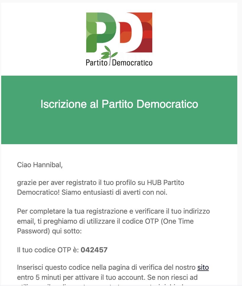 La mail automatica che arriva dal Pd quando si registra un account: chiede semplicemente di verificare l’indirizzo mail