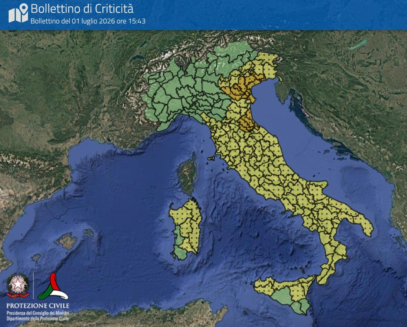 Il bollettino del 2 luglio 2026 della Protezione Civile sulle allerte meteo