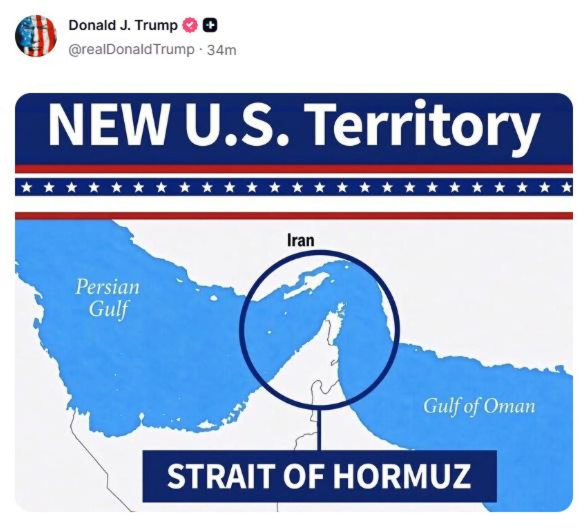 Guerra in Iran, Trump posta la cartina di Hormuz su Truth: "Nuovo territorio Usa". Teheran: "Lo correggeremo"