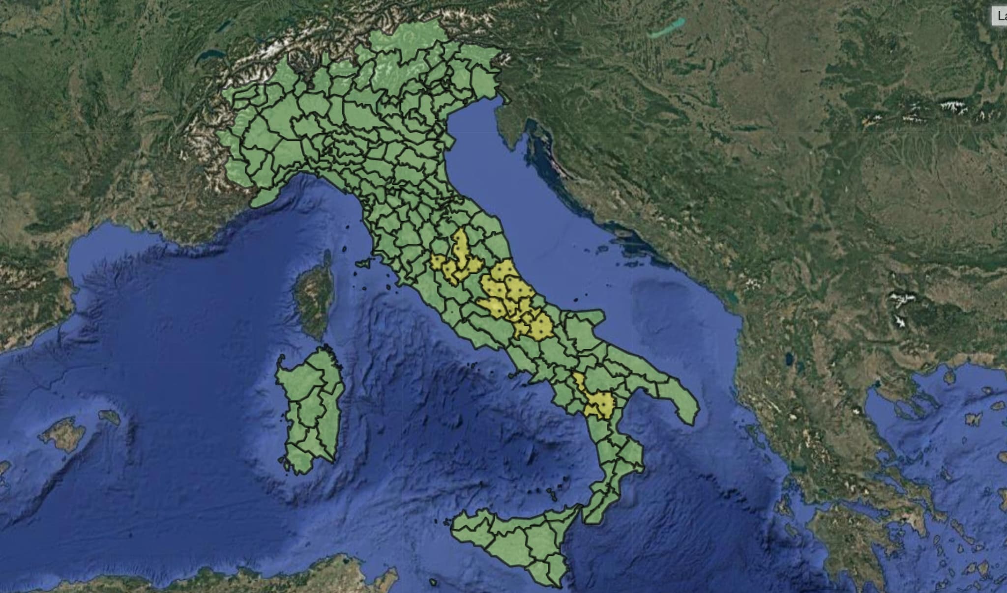 La mappa con le zona interessate dall'allerta meteo della Protezione Civile perla giornata di martedì 4 agosto 2026.