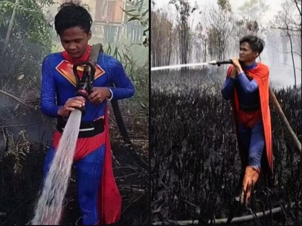 A 17 anni spegne gli incendi in Indonesia vestito da Superman: "Meglio aiutare che stare a casa col cellulare"