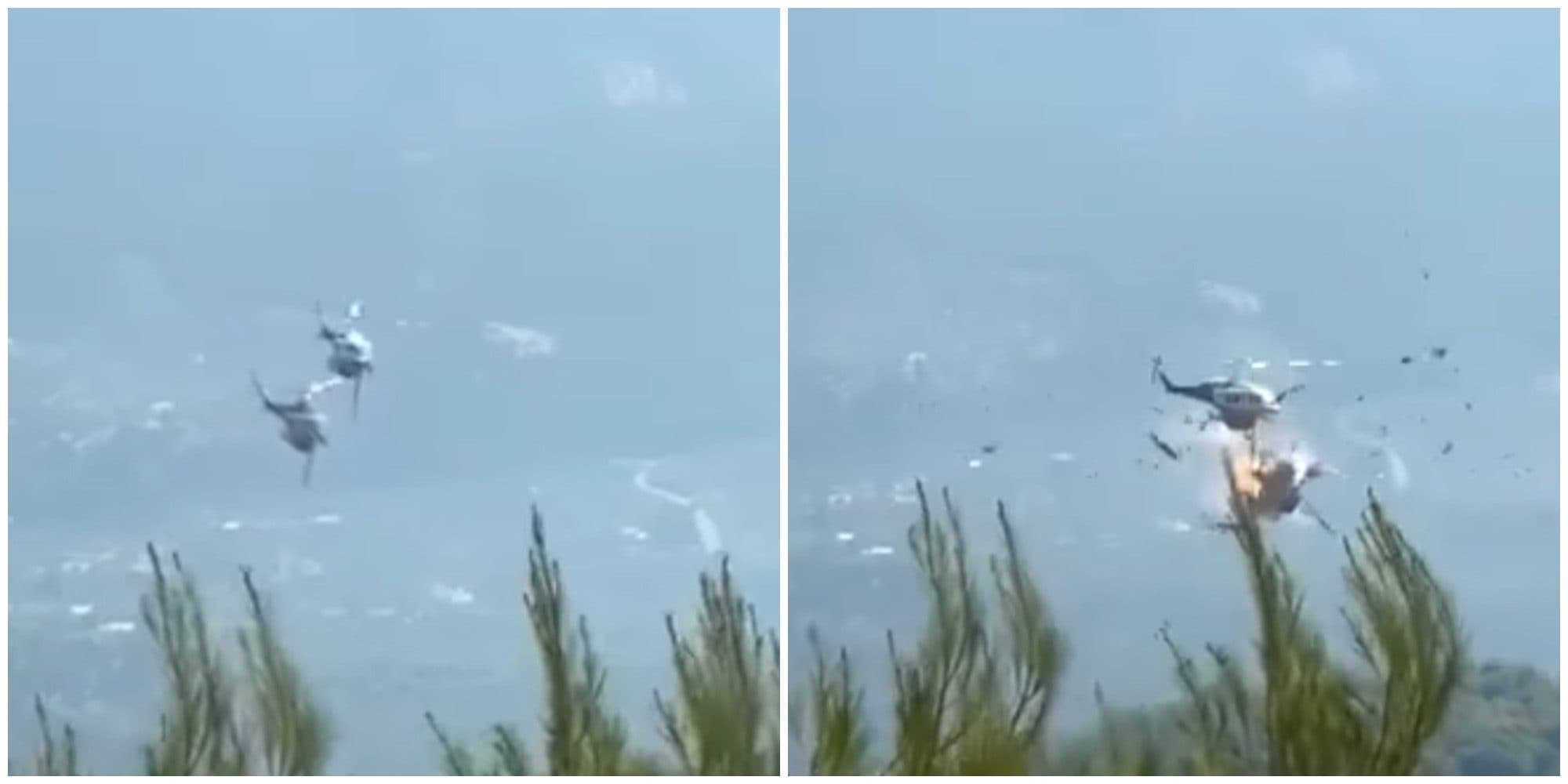 Grecia, il video dell’incidente tra due elicotteri antincendio: si scontrano in volo, prendono fuoco e precipitano