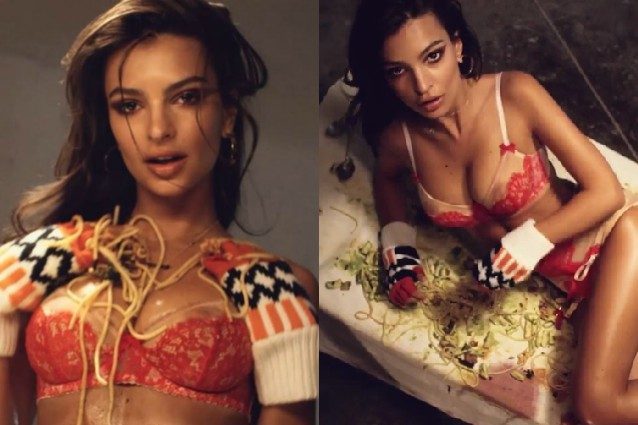 Emily Ratajkowski in intimo cosparsa di spaghetti: l’irriverente video della top model