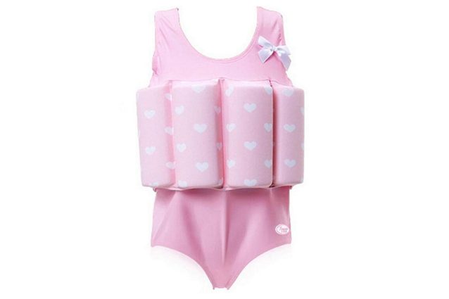 Costume da bagno bambina con galleggiante incorporato, fantasia a cuori e fiocco decorativo