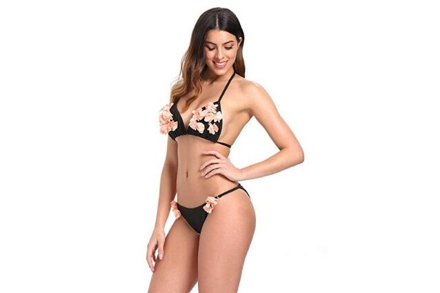 Bikini donna con triangolo e chiusura con laccetti, applicazioni in tulle rosa