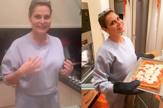 Simona Ventura senza trucco e con la tuta: con il look da casa si dà alla cucina