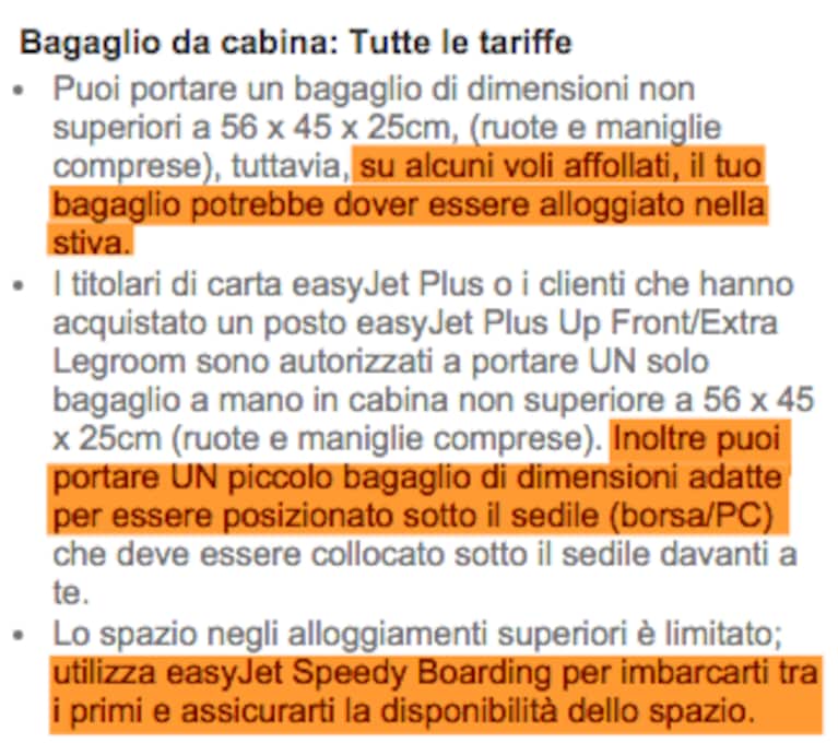 Postilla easyJet durante la procedura online di acquisto di un biglietto. L'evidenziazione è nostra.