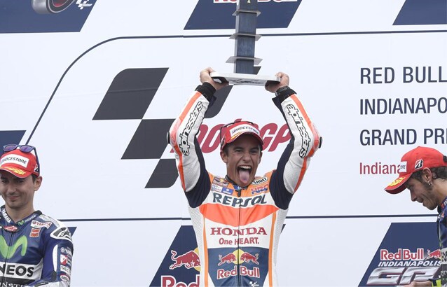 Marc Marquez sul gradino più alto del podio di Indianapolis (Repsol Honda Team – HRC MotoGp)