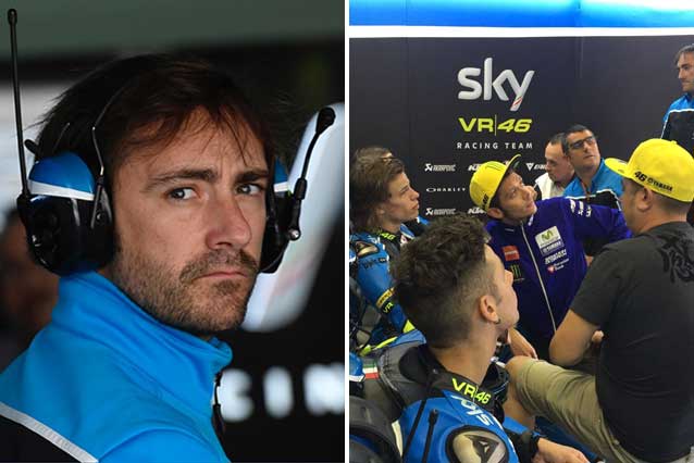 Pablo Nieto (A) e i giovani talenti dello Sky Racing team VR46 con Valentino Rossi (B)