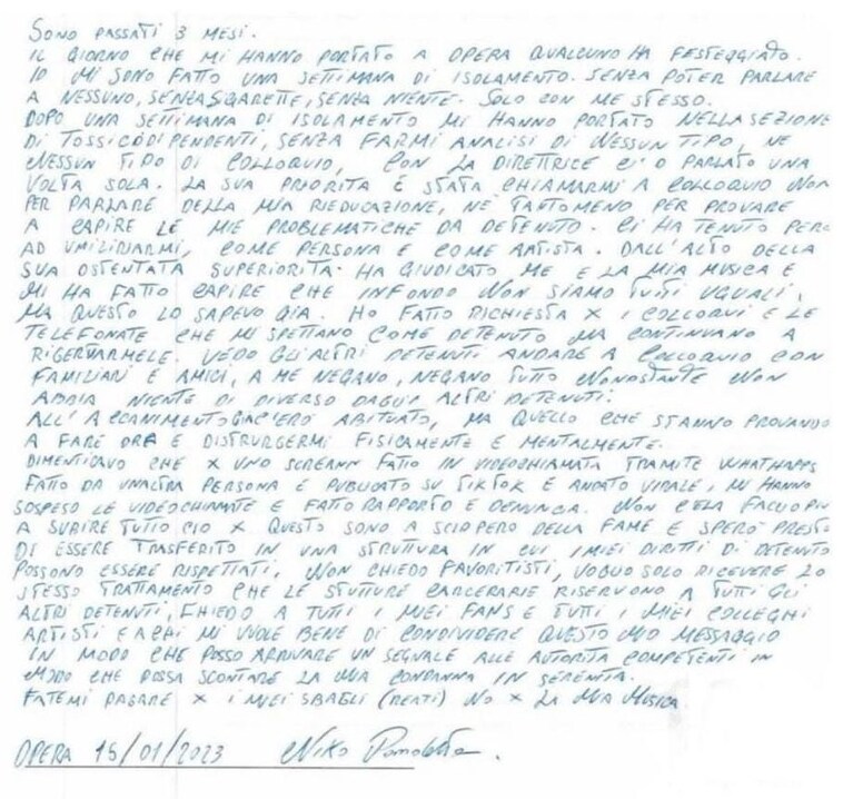 Lettera di Niko Pandetta dal carcere