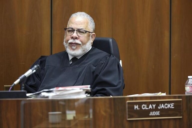 Judge H. Clay Jacke listens during the Eric Holder murder trial on Wednesday, June 15, 2022 in Los Angeles. A Los Angeles prosecutor says the killing of Nipsey Hussle was premeditated by a man charged with fatally shooting the Grammy Award-winning rapper outside his clothing store three years ago. (Frederick M. Brown/Daily Mail.com via AP, Pool)