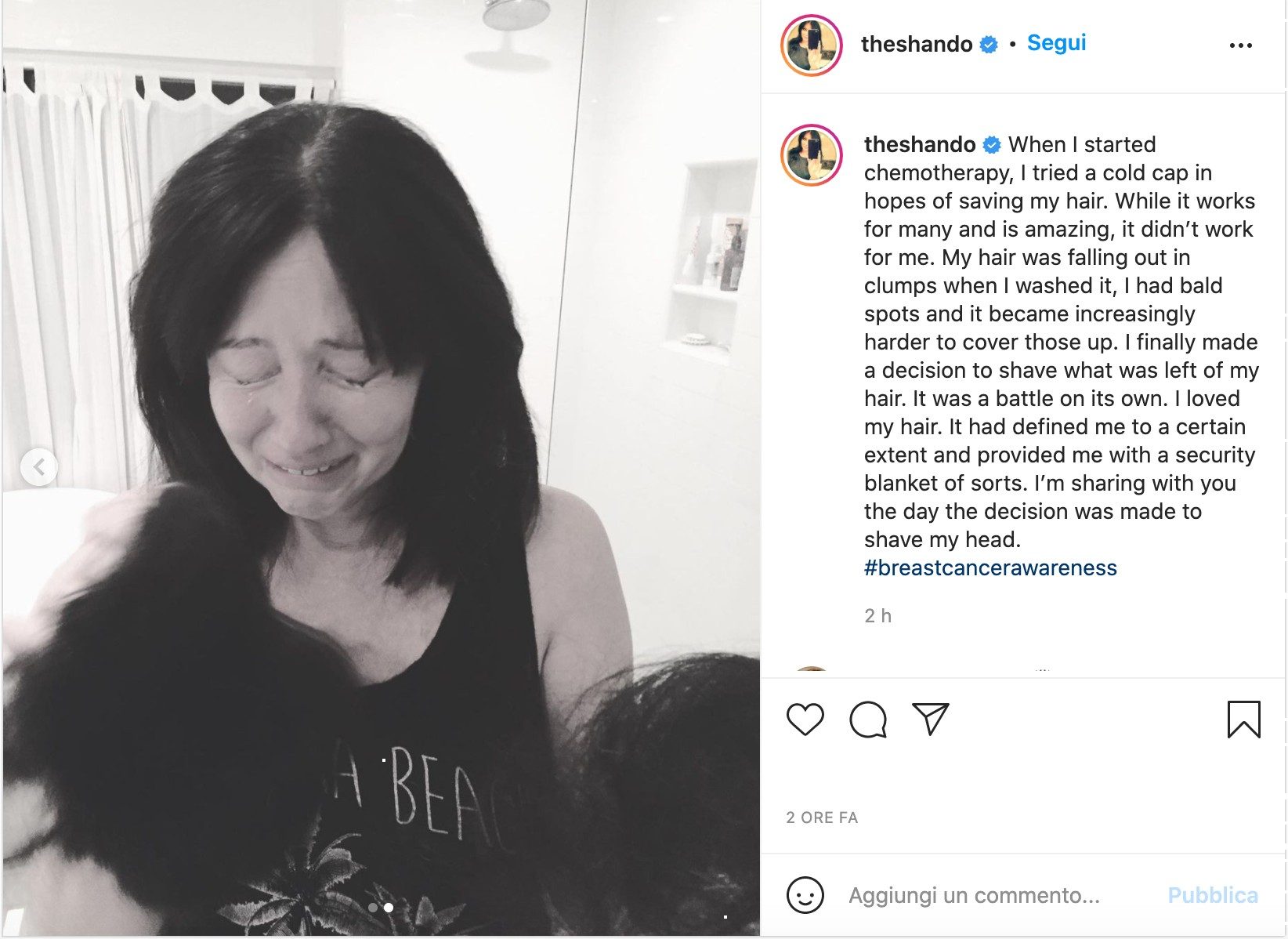 Shannen Doherty pubblica una foto in lacrime: "Il giorno in cui ho deciso di radermi la testa"