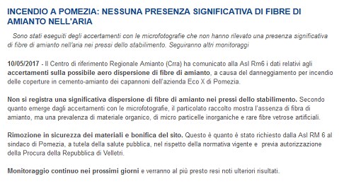 Informazioni dal comunicato del Centro Regionale Amianto