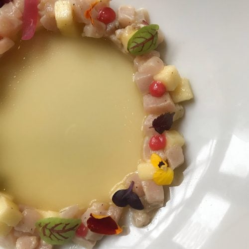 Tartare di spada con mela verde marinata alla menta, gel di aceto di Ribes e polvere di amarena accompagnata da un estratto di mela verde