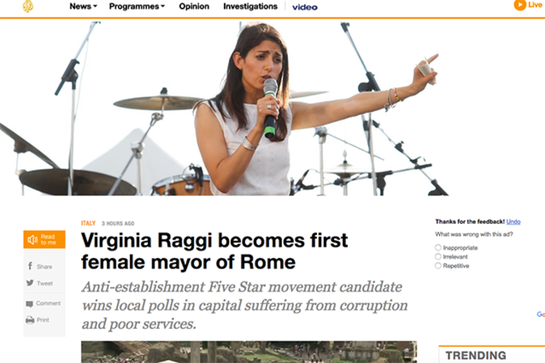 Al Jazeera su Virginia Raggi