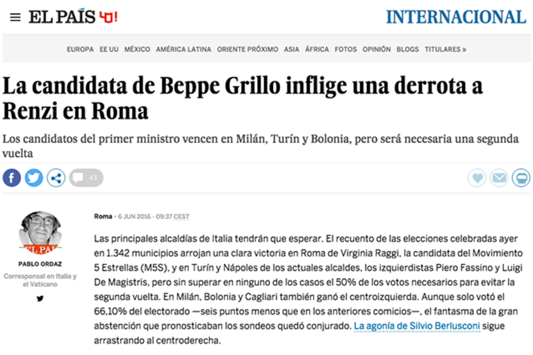 El Pais sulla vittoria di Virginia Raggi