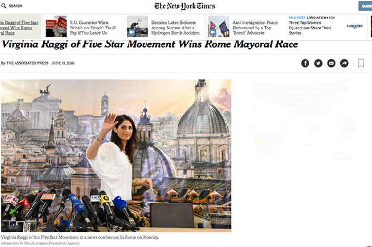 Il New York Times commenta la vittoria di Virginia Raggi