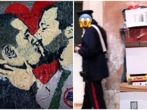 Il murales del bacio tra Di Maio e Salvini oscurato da alcuni cartoni