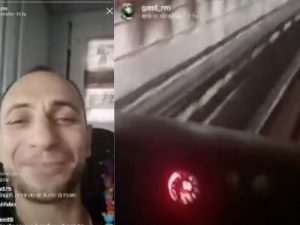 Il rapper Gast nella cabina di guida della Metro B di Roma