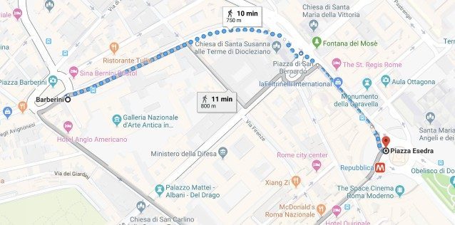 Percorso a piedi dalla metro Barberini a piazza Esedra (Google Maps)