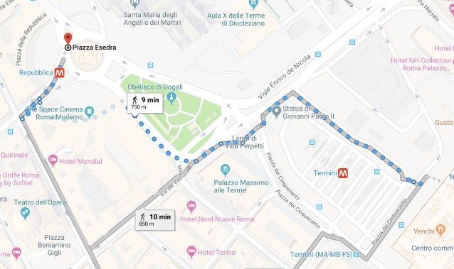 Percorso a piedi calcolato dalla Stazione Termini a piazza Esedra (Google Maps)
