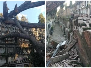 I danni provocati dal maltempo nel febbraio del 2019 all’interno del cimitero del Verano