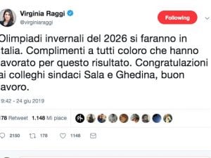 Il tweet della sindaca Raggi