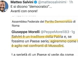 L’insulto ricevuto su Facebook pubblicato da Matteo Salvini
