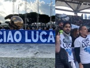 Lo striscione e le magliette per Luca Sacchi allo stadio Olimpico di Roma