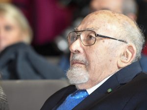 Piero Terracina lo scorso 25 gennaio 2019, durante la mostra "Testimoni dei Testimoni, ricordare e raccontare Auschwitz " a Palazzo delle Esposizioni a Roma.